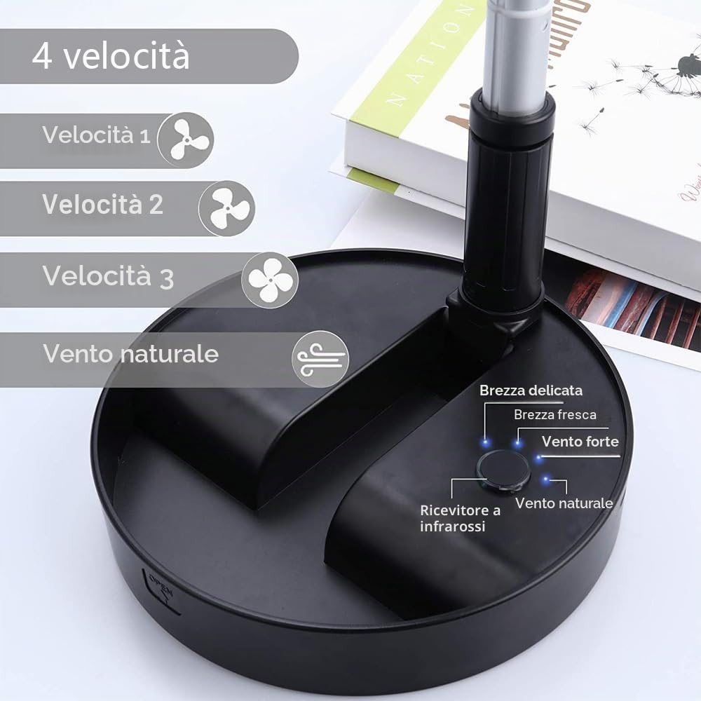 UN UNITEDTIME ventilatore portatile pieghevole ricaricabile [telecomando] a batteria pieghevole in piedi ventilatore a pedestallo, 4 velocità, timer per il viaggio in campeggio, camera da letto(Nero)