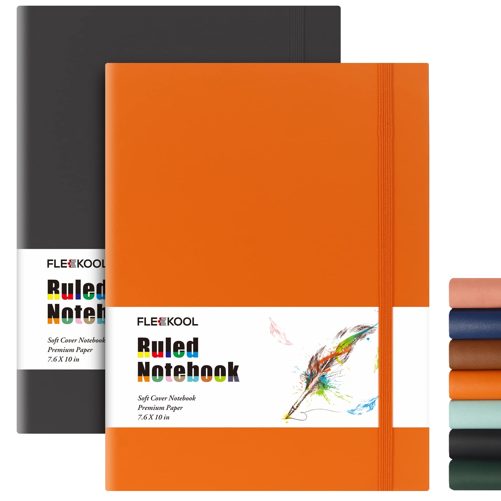 Business Journals 2 PACK - B5 College Ruled Notebook Large Soft Cover Journal with 100gsm Thick Lined Paper,376 Numbered Pages,7.6" X 10",Inner Pocket - Black Orange
