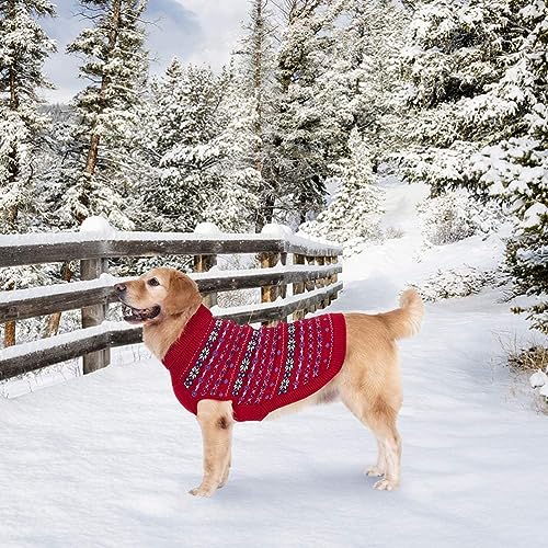 Image of BINGPET Dog Sweater for Large Medium Dogs,Warm Knit Clothes with Leash Hole | Turtleneck Winter Classic Snowflake Pet Knitwear, Thick Cold Weather Fall Winter Soft Ugly Coat for Girls Boys Puppy, Red ML