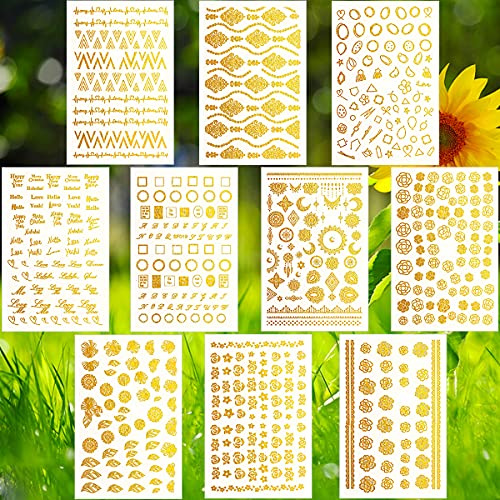 10 Sheets Gold Nail Stickers Decals Lines Letters Rose Henna Moon Stars For Women Girls Acrylic Nail, Aniuvot Metallic Nail Foil Stripe Adhesive Decoration Sheets For F #TOP6