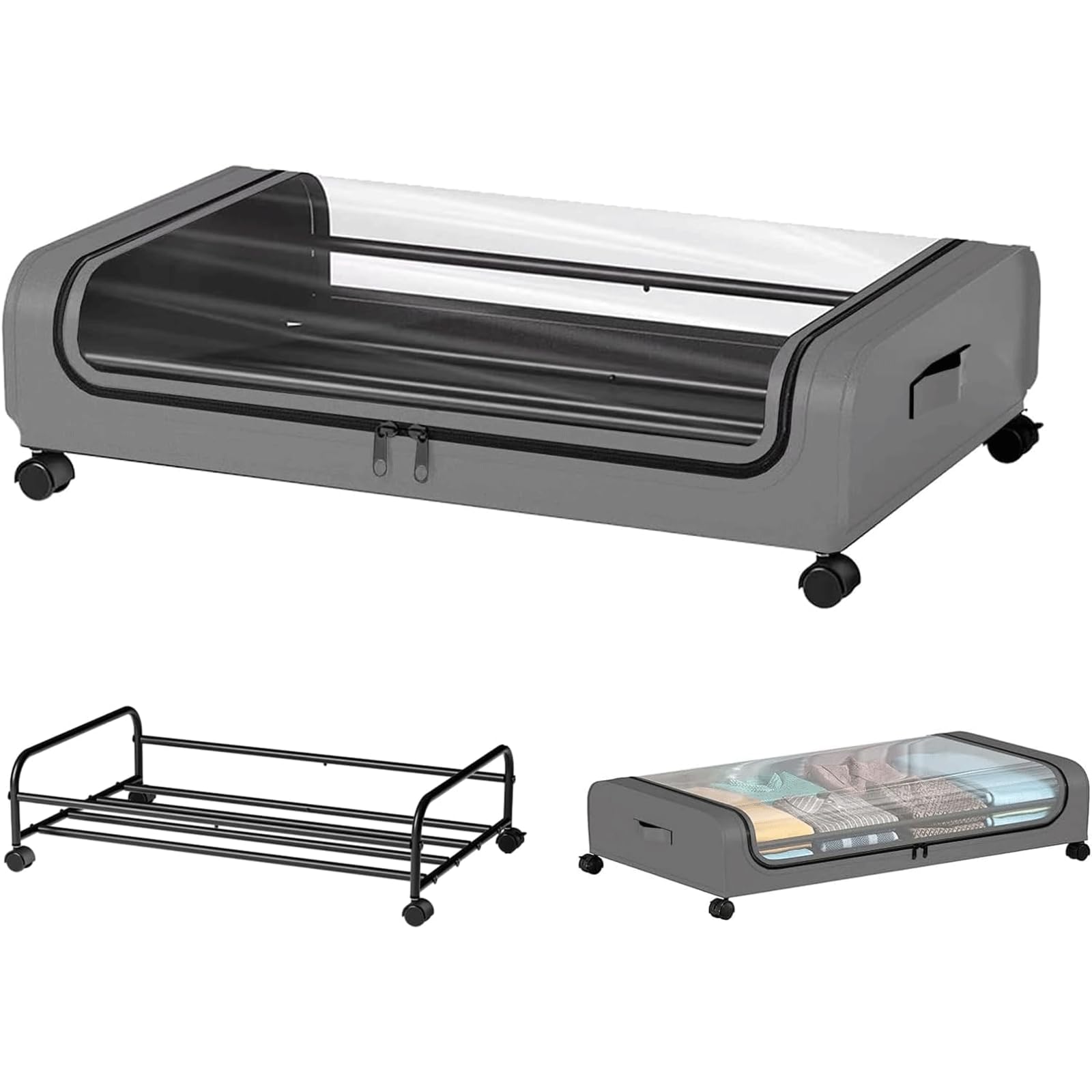 AMXGPT Under Bed Storage with Wheels, Under Bed Shoe Storage Organizer Zip lock Bags Wardrobe Storage Organiser PVC Window for Bedroom Clothes Shoes (Grey)