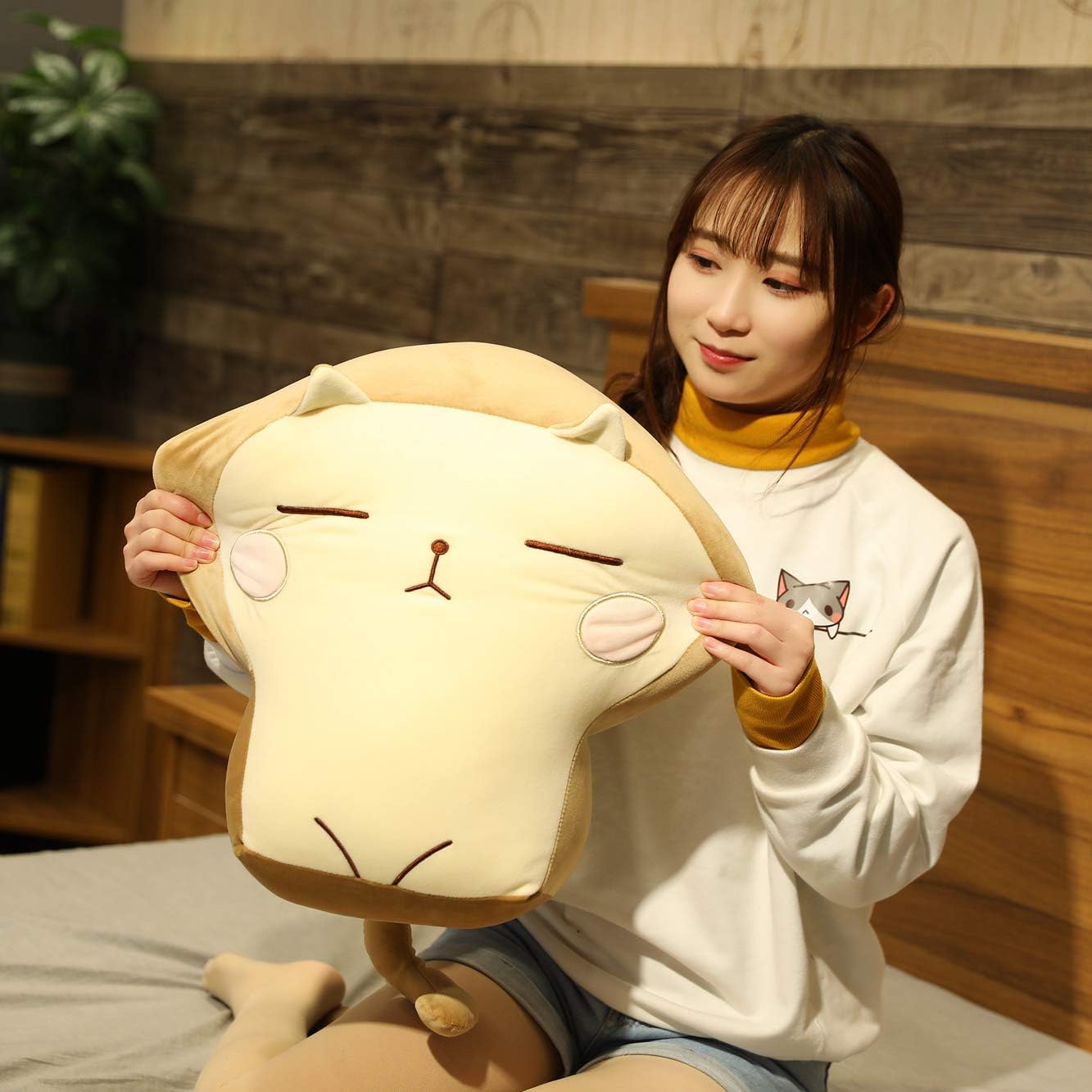 Plush Cat Doll Pillow Stuffed Chubby Cat Cute Fluffy Soft Plush Bread Toast Cat Cushion Animal Pillow for Kids (Brown Pink, 17.7 inch)