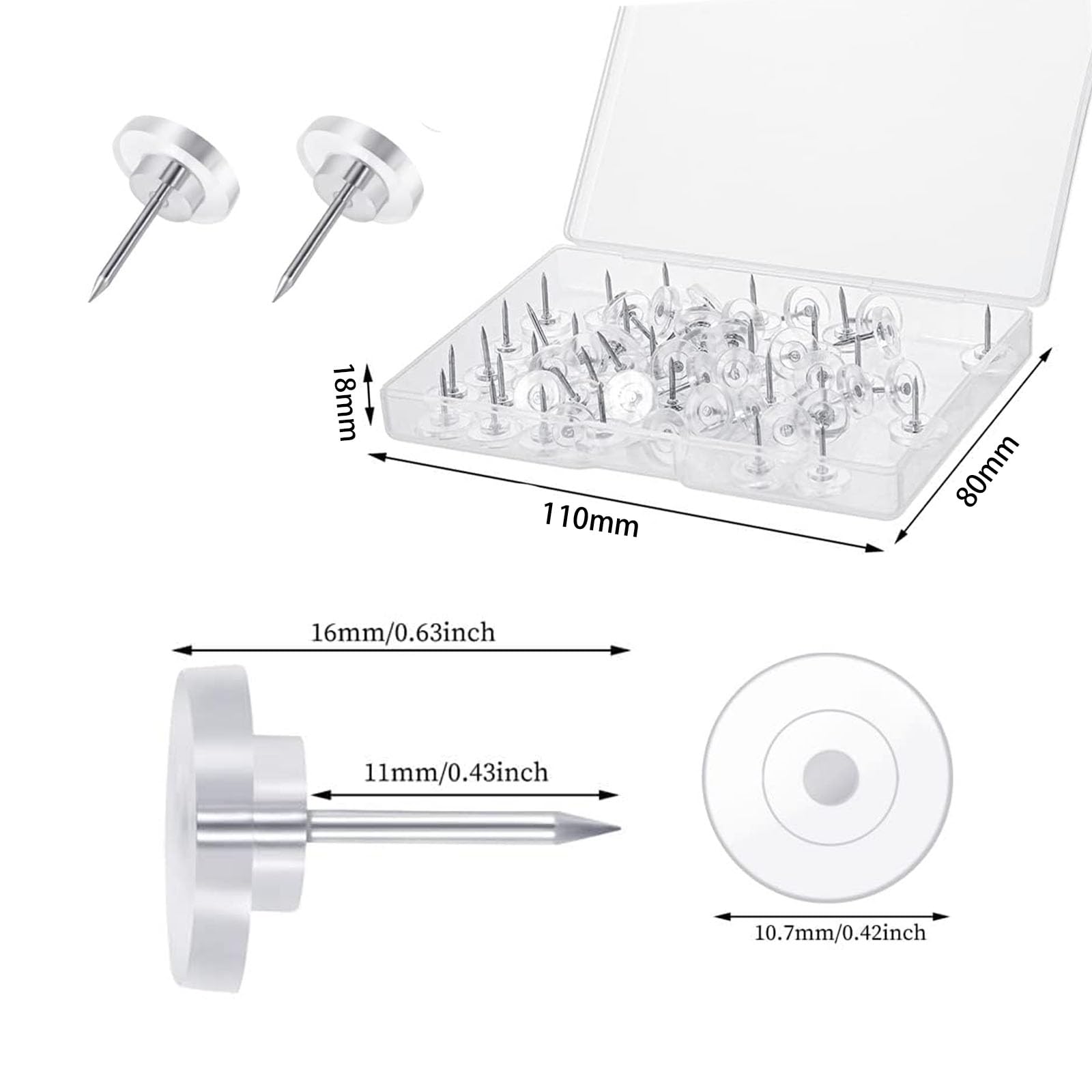 200 Transparente Reißzwecken Mit Box – Flache Stecknadeln 16mm, Silber, Für Pinnwand & Büro