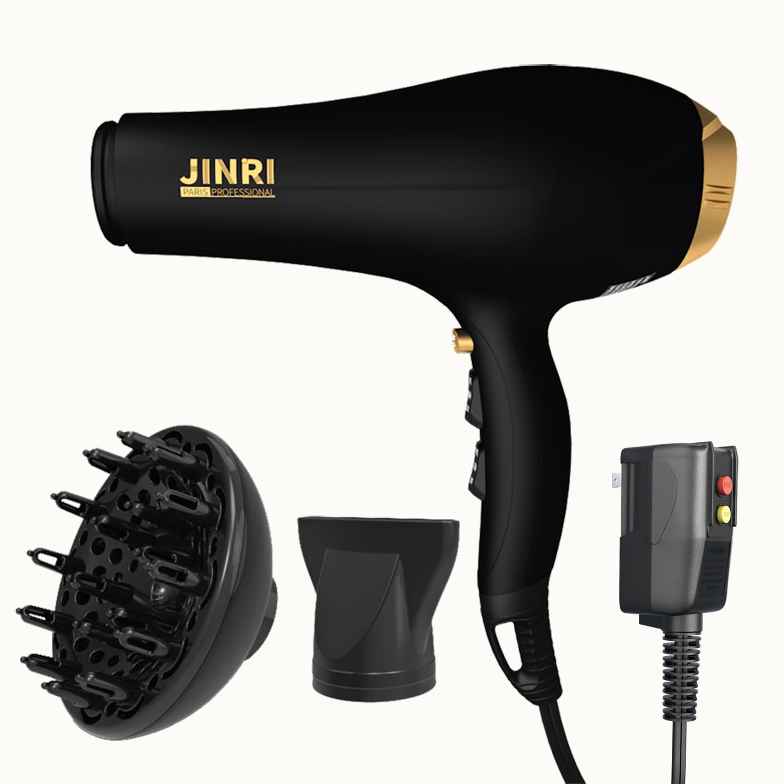 Blow Dryer - JINRI 2000W Diffuser Hair Dryer for Salon & Personal Use – Powerful, Fast Drying with Diffuser & Nozzle for Women & Men, ALCI Safety Plug, Black