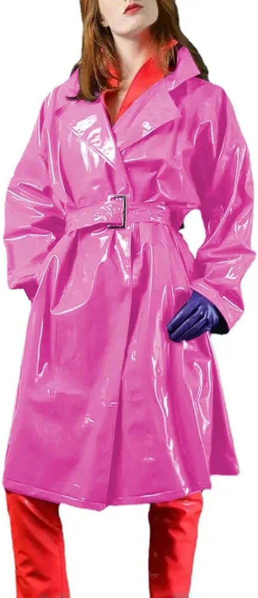 Women's Trench Coats Nightclub Slim Long Sleeve Belted PVC Windbreaker Overcoat customizable