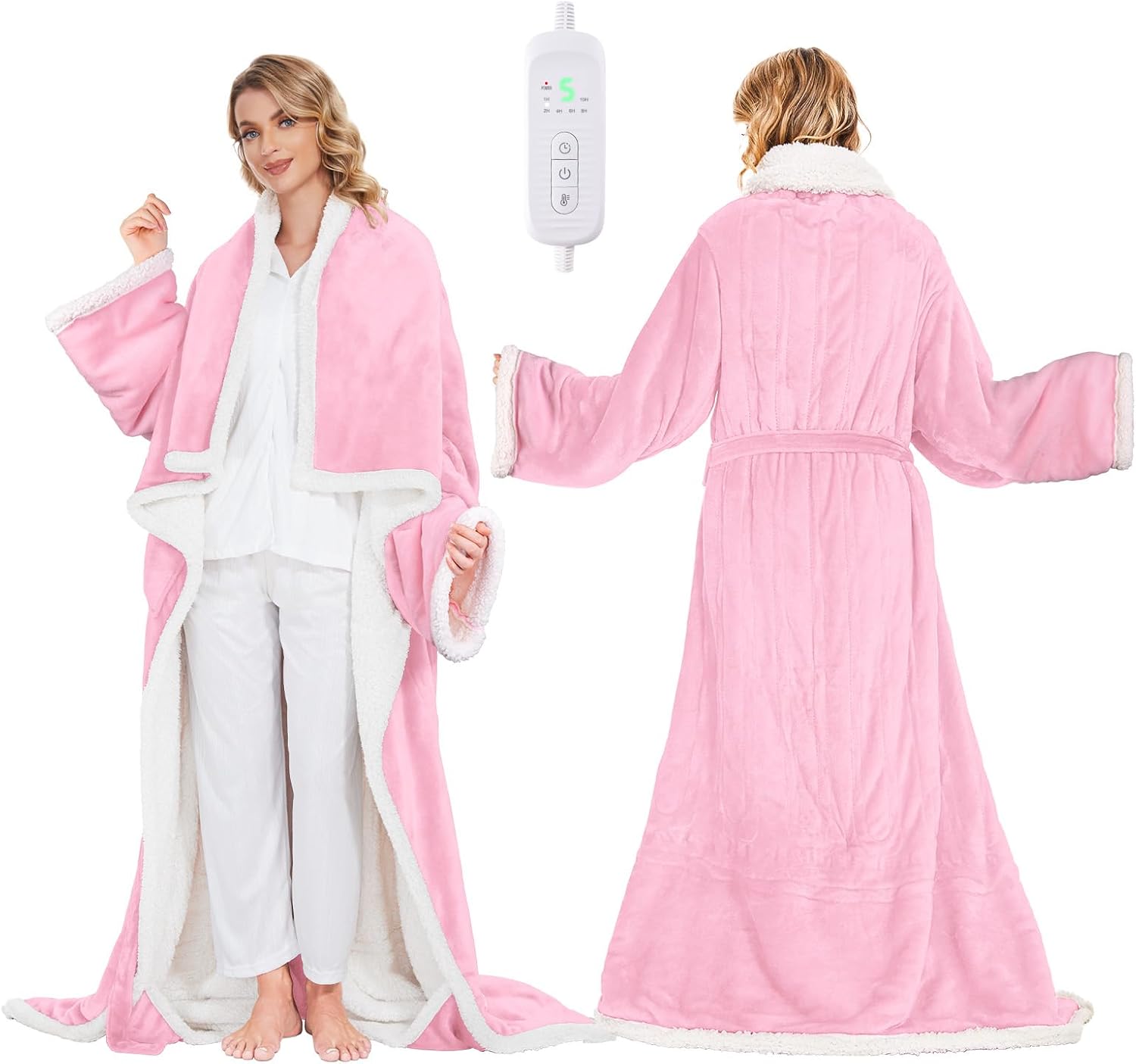 Portable Heated Blanket - Wearable Heated Blanket Throw with Foot Pockets, Sleeves Flannel Sherpa Wearable Blanket 8 Heating Levels & Timer Snuggle Blankets for Home Office-50*70" Pink Robes for Women