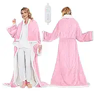 Portable Heated Blanket - Wearable Heated Blanket Throw with Foot Pockets, Sleeves Flannel Sherpa Wearable Blanket 8 Heating Levels & Timer Snuggle Blankets for Home Office-50*70" Pink Robes for Women