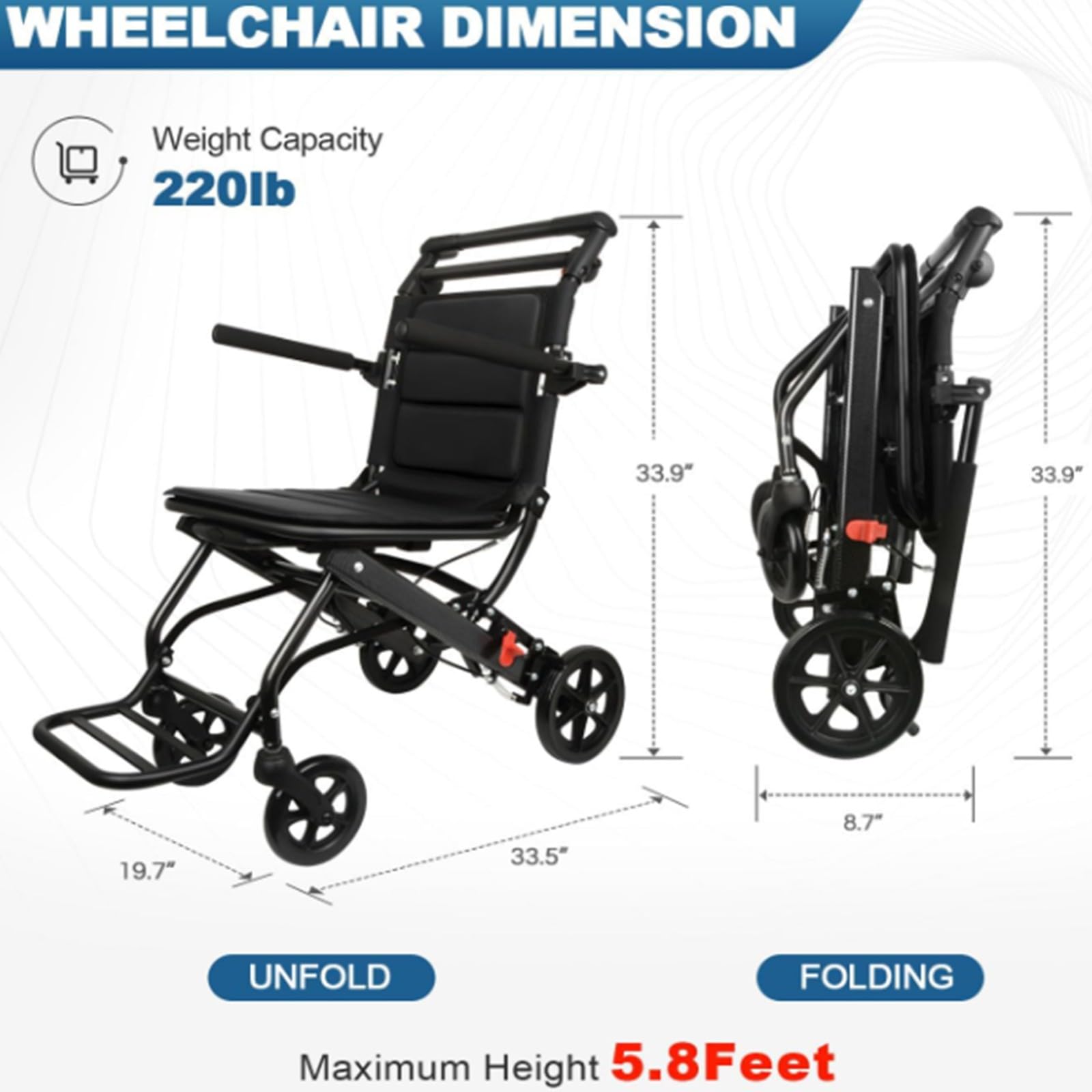 Silla De Ruedas Plegable Portátil Ultraligera, Peso De Solo 7 Kg, Silla De Viaje De Transporte Ligera, Soporta 100 Kg, Silla De Ruedas De Aluminio para Adultos Y Personas Mayores