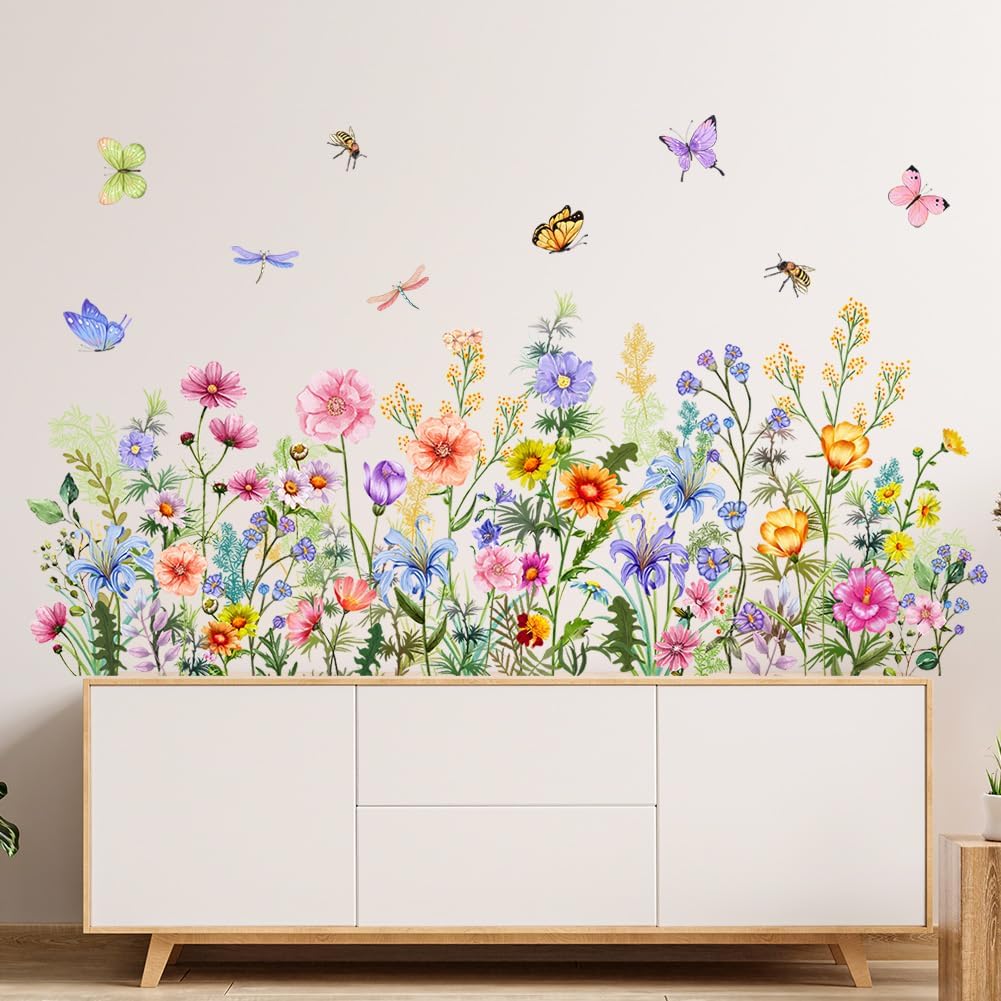 Colorful Floral Wall Decals Wildflowers Flower Wall Stickers Butterfly Green Plant Mural Peel and Stick Flowers Home Decor DIY Removable Wall Art for Girls Bedroom Nursery