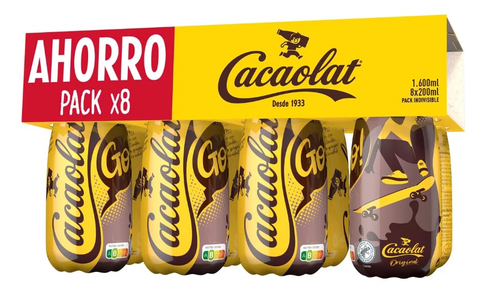 Cacaolat Original – Batido de cacao UHT – 90% leche y 1,5% cacao – Sin gluten – Pack 8×1 ud botellas PET 200 ml