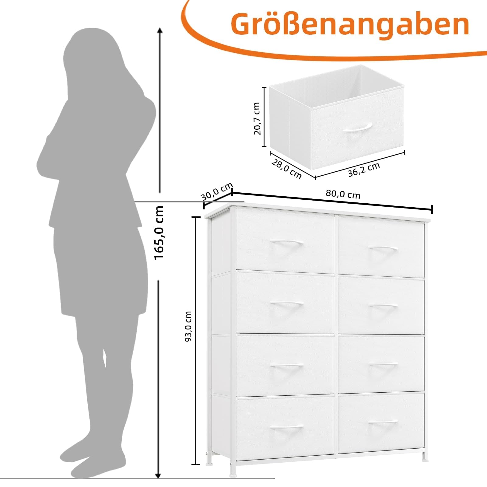 Somdot Kommode mit Schubladen aus Stoff, Komodenschrank, Kommode für Schlafzimmer Wohnzimmer Flur, Schubladenschrank Aufbewahrungsschrank Stoffkommode, 8 Stoffschubladen, Weiß
