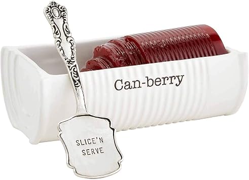 Mud Pie Can-Berry Ceramic Cranberry Serving Dish Spatula Set, Holiday, Thanksgiving, and Christmas Novelty Serveware, White, Canned Cranberry Dish Server
