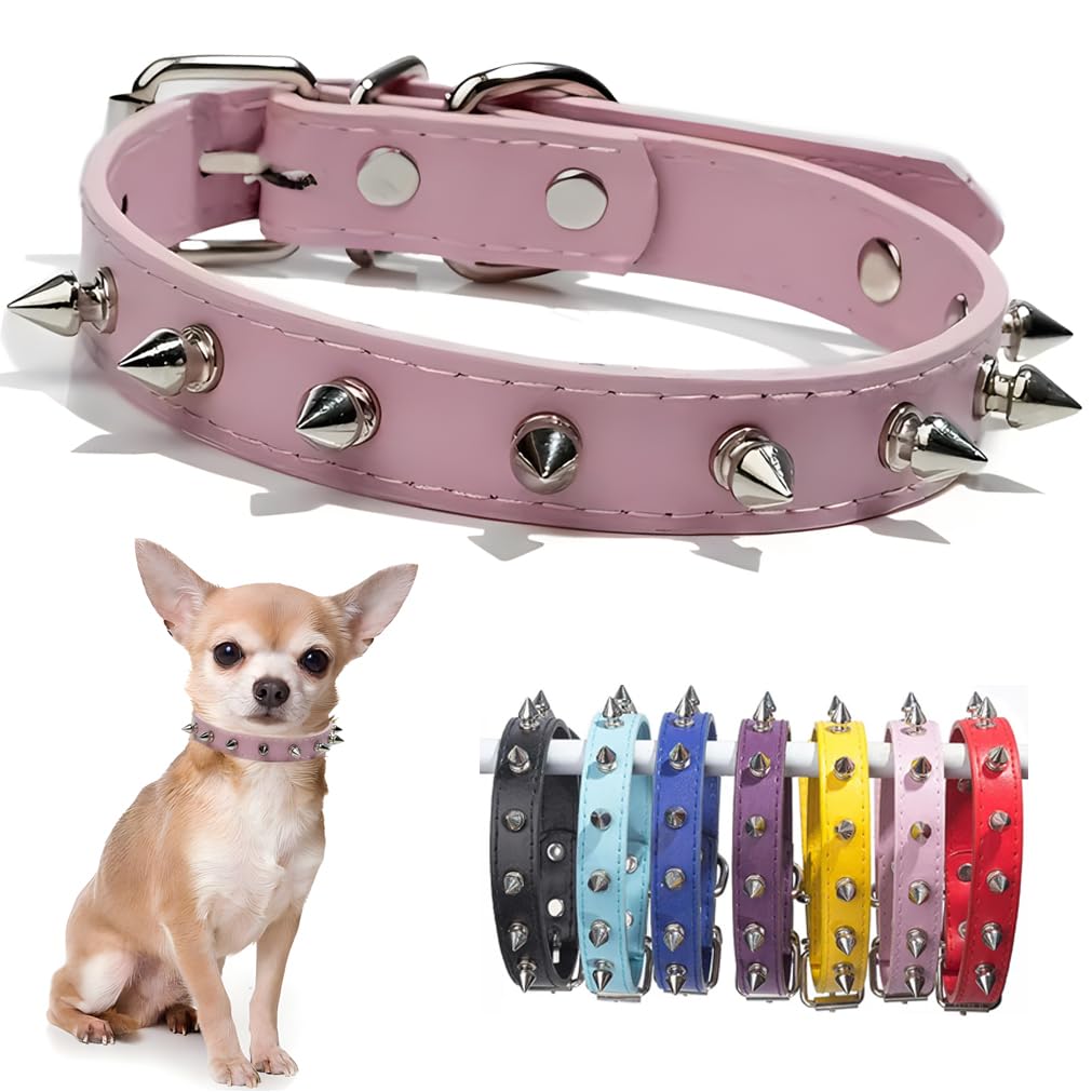 Pink Spiked Dog Collar PU Leather Rivet Spike Puppy Collar Studded Kitten Cat Collars Adjustable Buckle For Small Medium Large Breed Pets Like Chihuahua French Bulldog