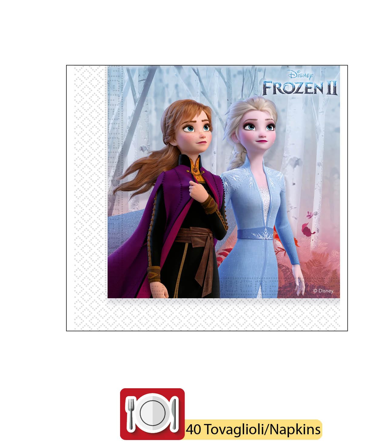 Kit Party Tavola Disney Frozen II per 24 persone (112 pezzi: 24 piatti Ø23cm, 24 piatti Ø20cm, 24 bicchieri 200ml, 40 tovaglioli 33x33cm)