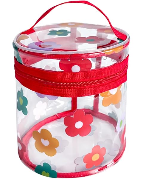 Printed Flowers Clear Cylinder Travel Makeup Bag,Portable Waterproof Pouch with Han...