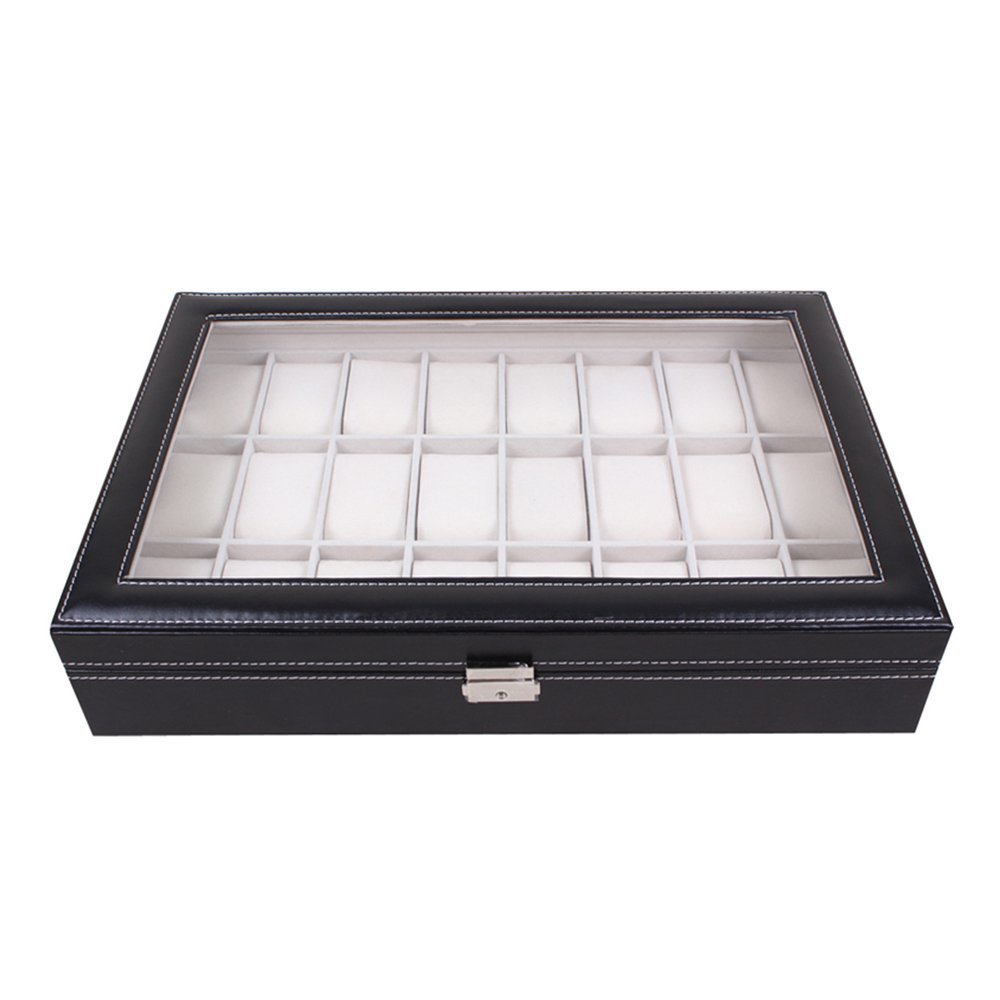 COFANETTO PORTA OROLOGI 24 POSTI IN SIMILPELLE COPERCHIO IN VETRO 43x28x9,5CM