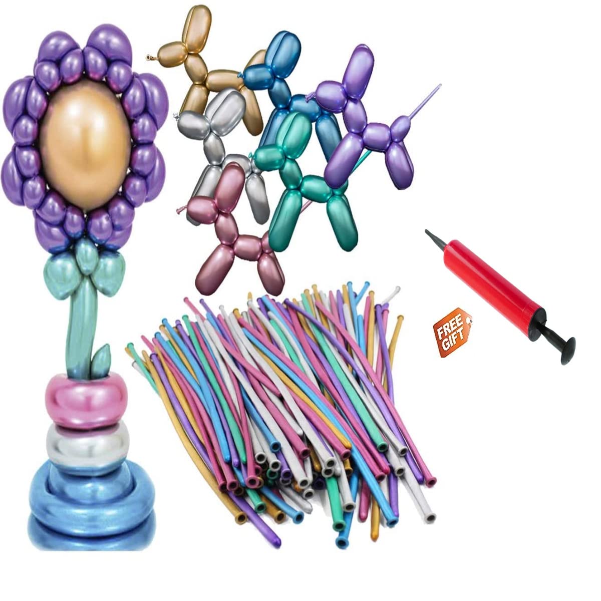 Metallic Shiny Chrome Latex Magic Long Twisting Animals Flowers DIY Balloon for Boys Girls (Multicolor )- 100 Pieces