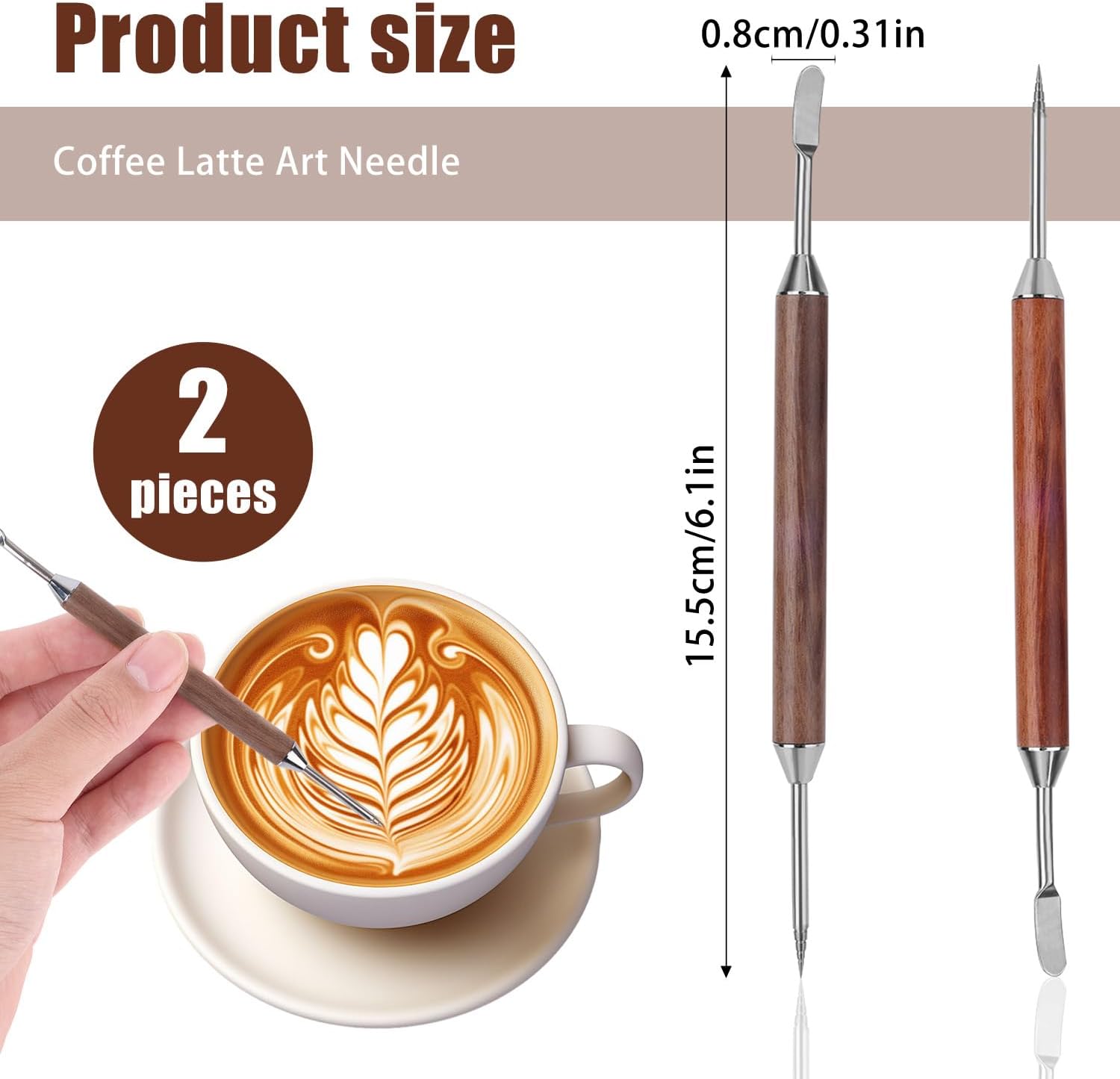 2pcs Latte Art Pen, Stainless Steel Coffee Drawing Tool with Wooden Handle Double-Ended Coffee Carving Needle Cinnamon Pen Barista Accessories for Home & Cafe Use (Light & Dark Brown)