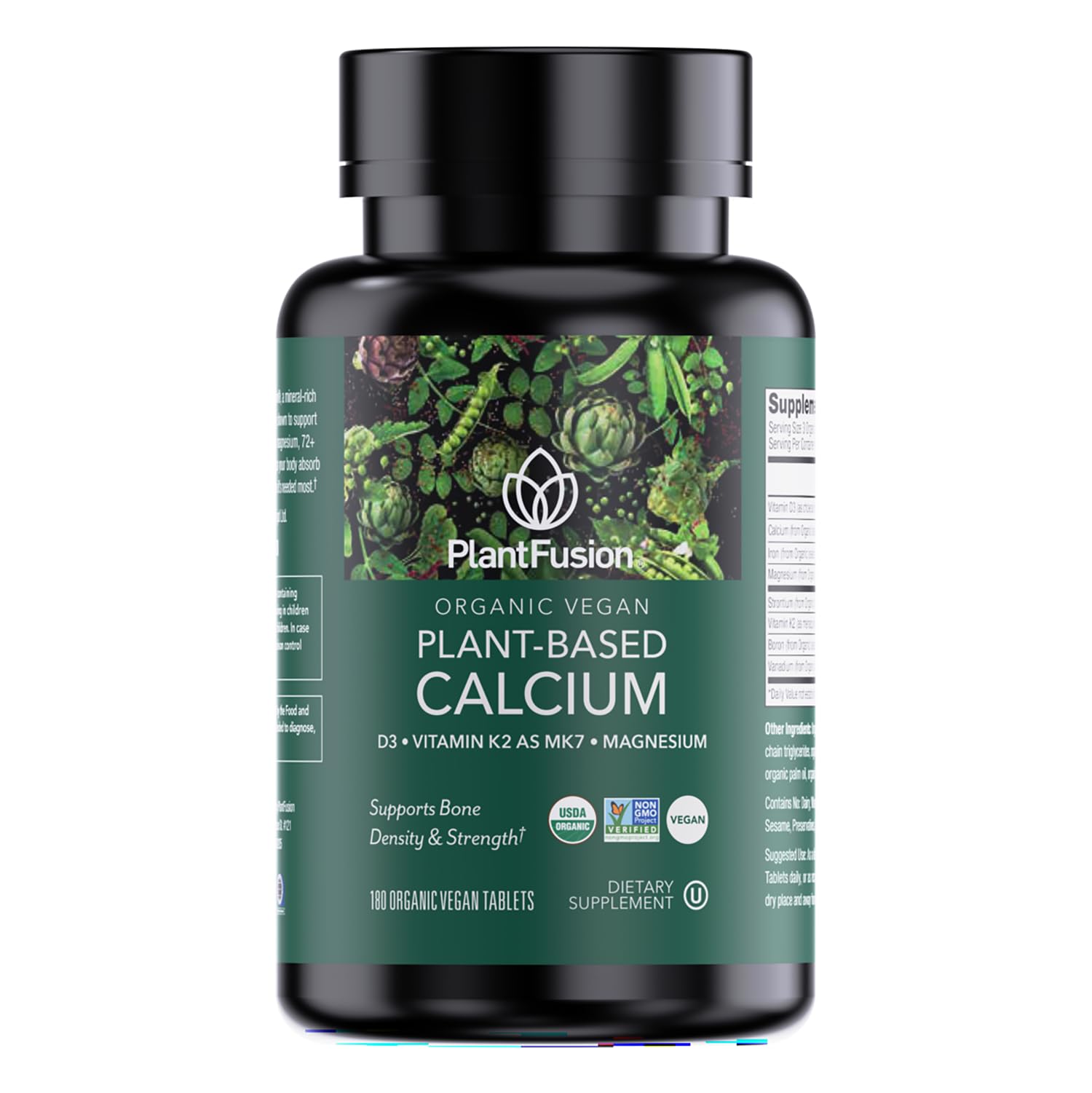 PlantFusion Organic Vegan Calcium, Premium Organic Plant Based Calcium (1000mg) Sourced from Icelandic Red Algae, Plus Magnesium, D3, K2, Iron and Boron, 180 Ve