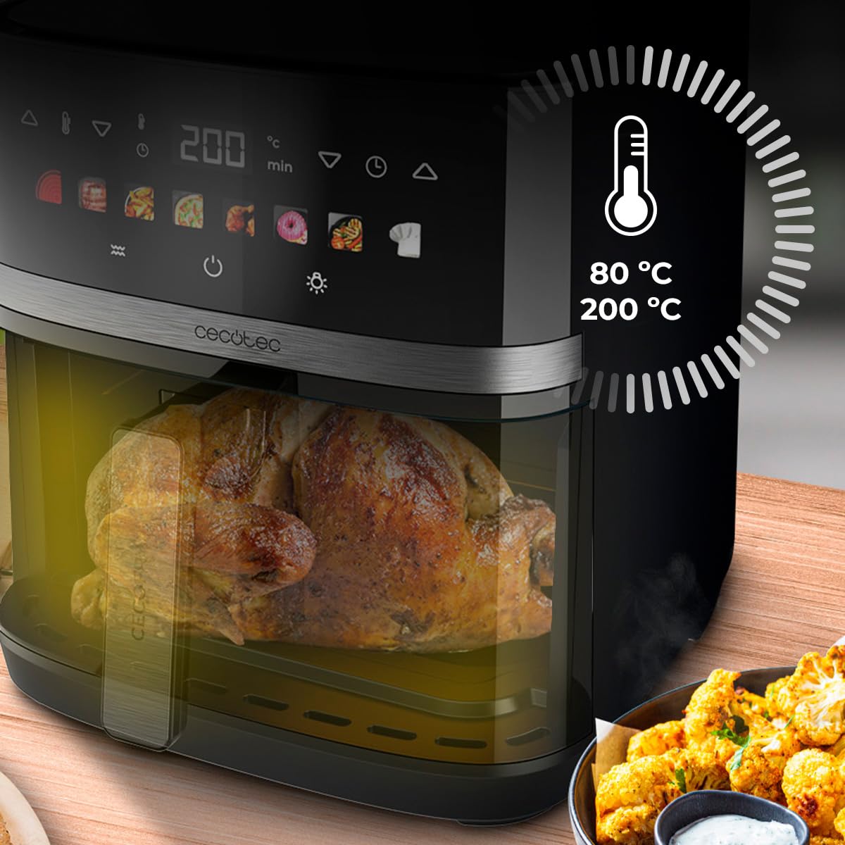 Cecotec Friggitrice ad Aria 8 L con Doppio Grill Cecofry&Grill Duoheat 8000 Hot. 2200 W, Doratura Perfetta e Sapore di Griglia nelle Carni, Temperatura tra 80-200 °C, 8 Menu e Finestra
