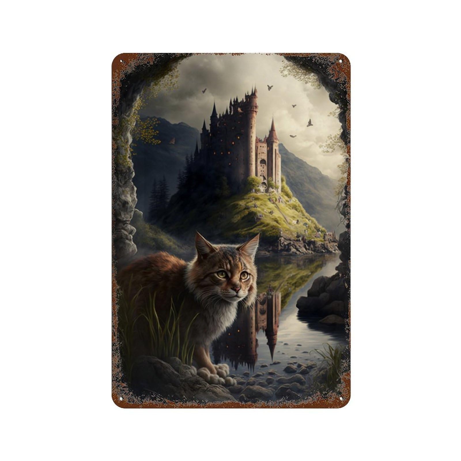 Fantasy Cat Castle Reflection Vintage Rust Metal Sign 11.8"x7.9", Ideal for Bistro, Counter And Cafe Decor