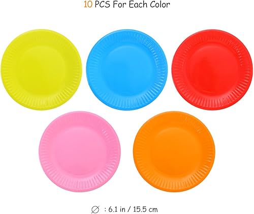 Miniatura 2 de Platos de papel de postre para fiesta de cumpleaños, platos de papel desechables redondos de 6 pulgadas, colores surtidos, paquete de 50 (color