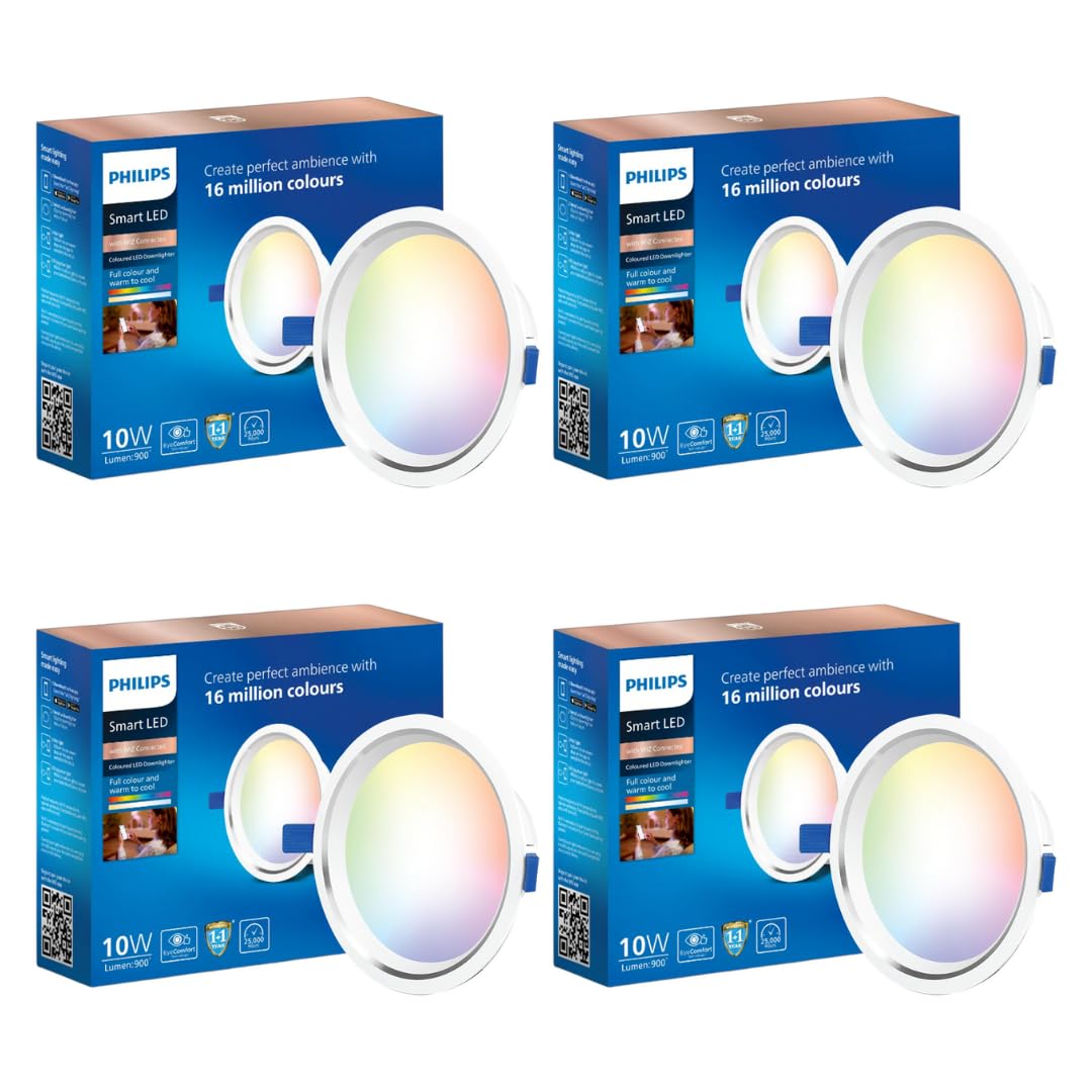 Philips Smart 10W Round WiFi LED Downlighter | Wiz Connected Downlighter, Compatible with Amazon Alexa and Google Assistant | 16M Colours, Cut Out : 4.3 Inch, Pack of 4