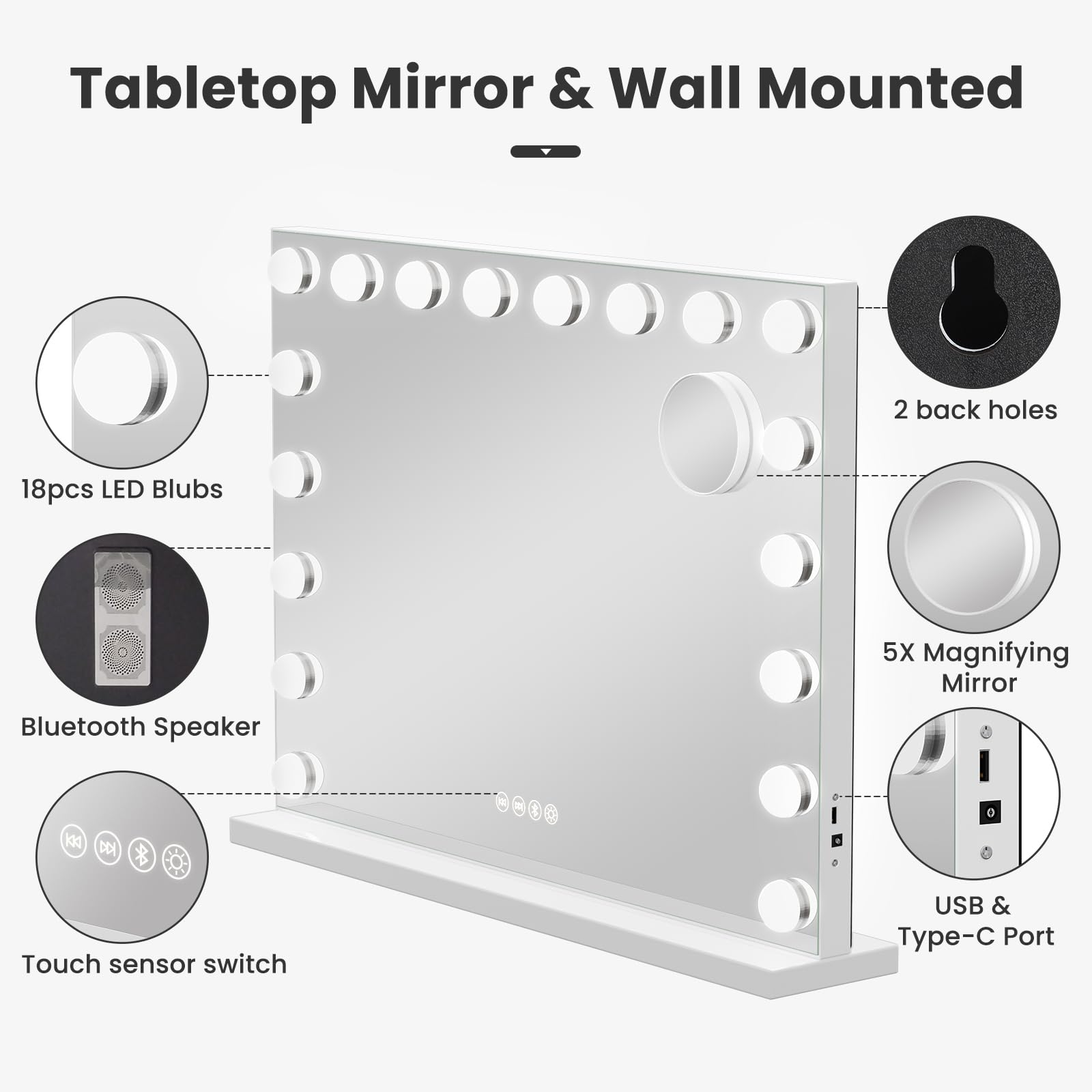 Dripex Miroir Maquillage Hollywood Bluetooth, 18 Ampoules LED 80 x 60 cm, Miroir Coiffeuse Lumineux Contrôle Tactile, Luminosité Réglable, sur Table & sur Mur, Port USB et Type-C - Blanc