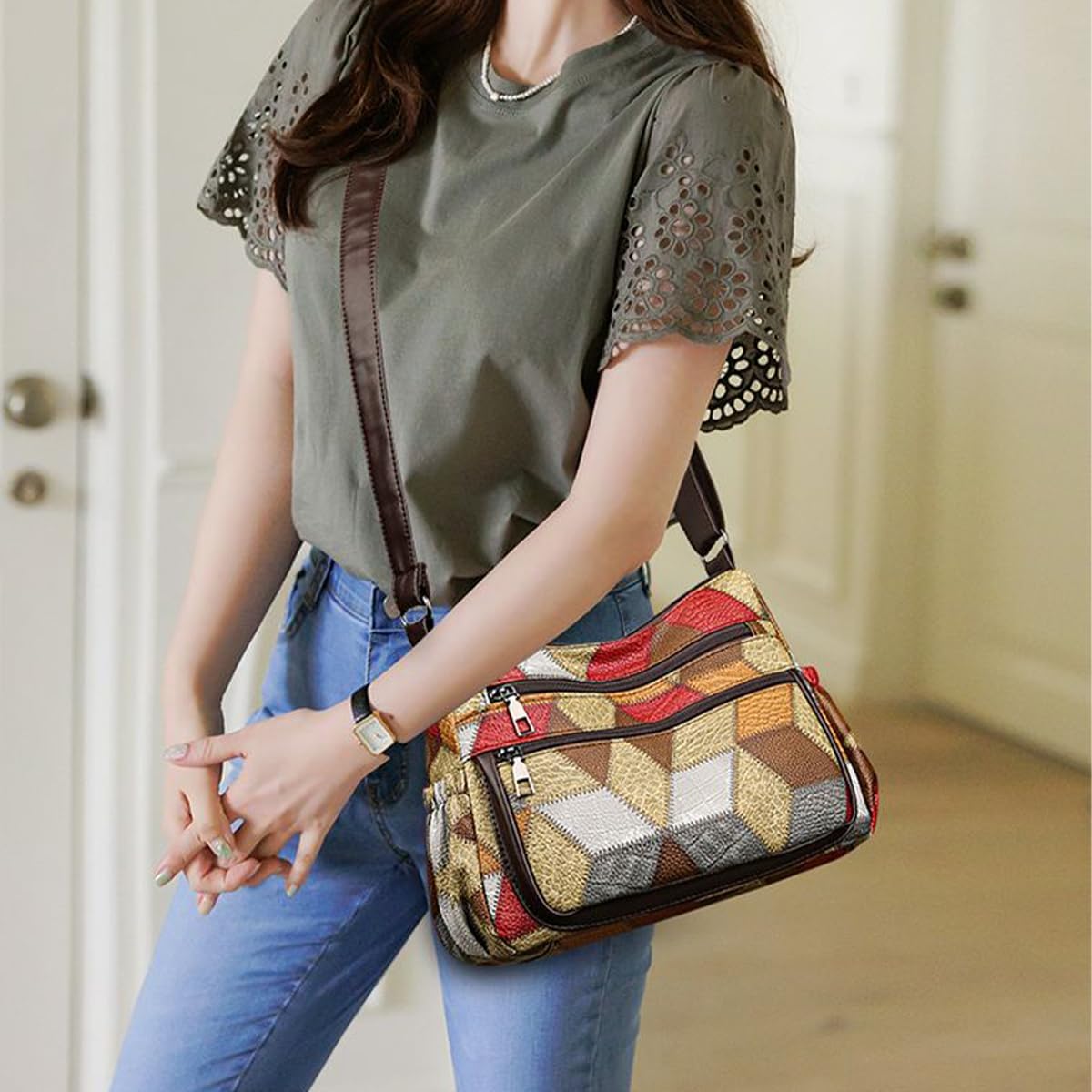 Women's Patchwork Crossbody Bag Soft Fabric Multi-Pocket Shoulder Purse with Adjustable Strap & Metal Hardware