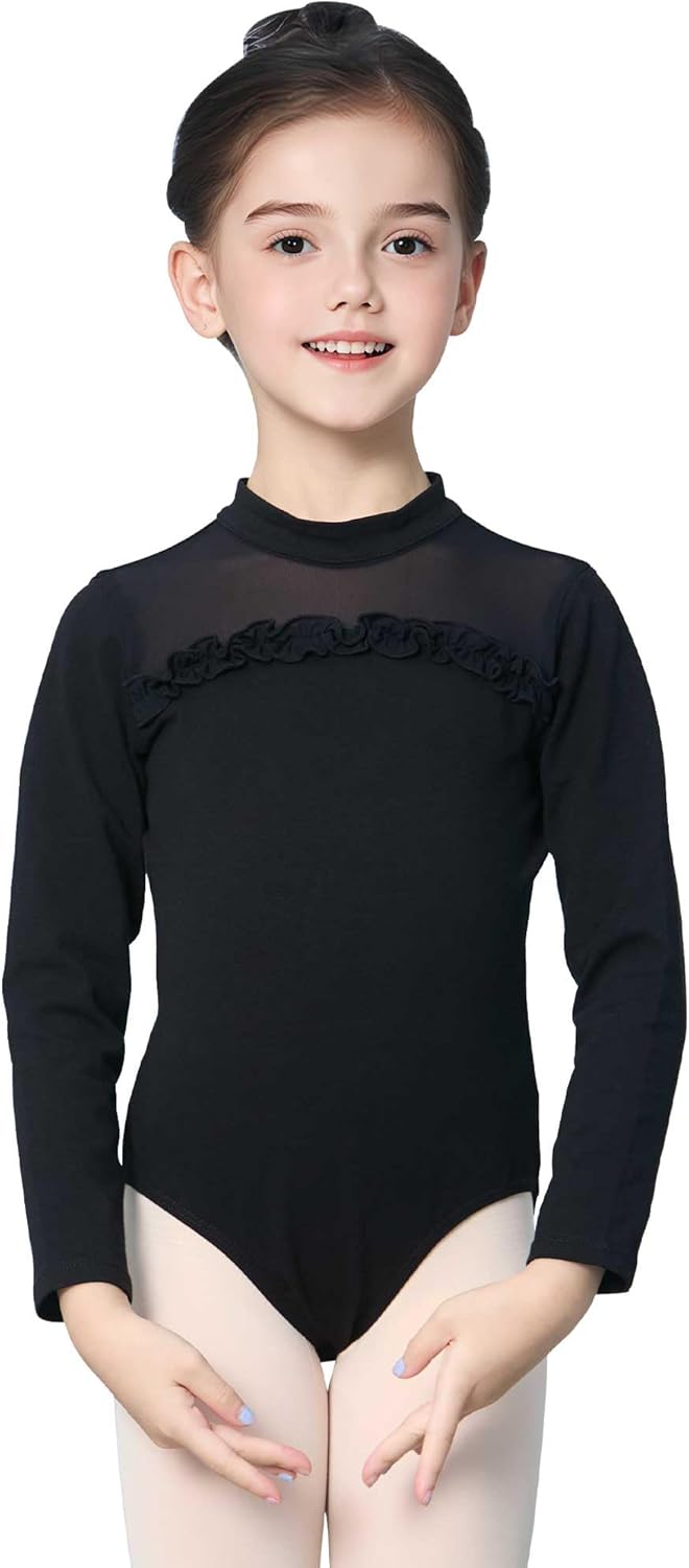 Daydance Sweet High Neck Girls Dance Leotards for Toddler, Long Sleeve Ballet Outfits for Training, Practice, Performance