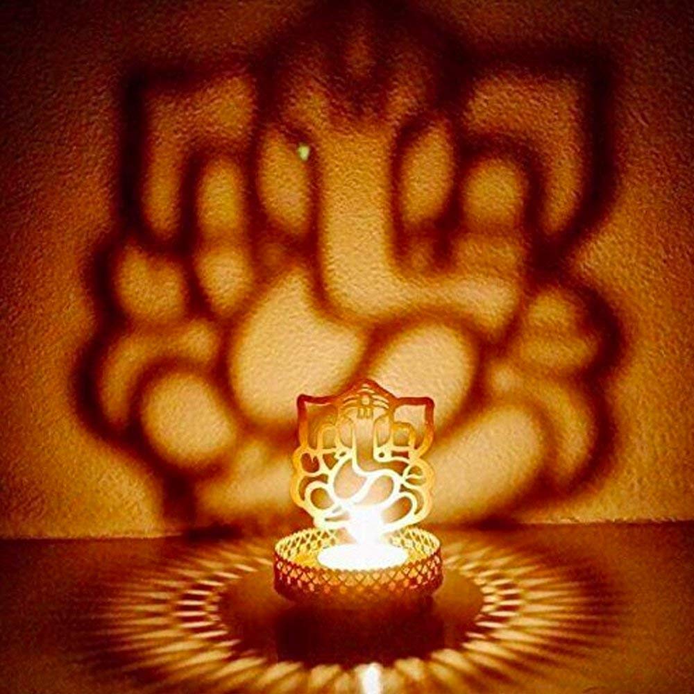 eCraftIndia Golden Metal Lord Ganesha Shadow Tea Light Candle Holder | Ganesh Chaturthi Diwali Decoration Items for Home Decor | Tea Light Candle Holder Gift for Diwali, Housewarming