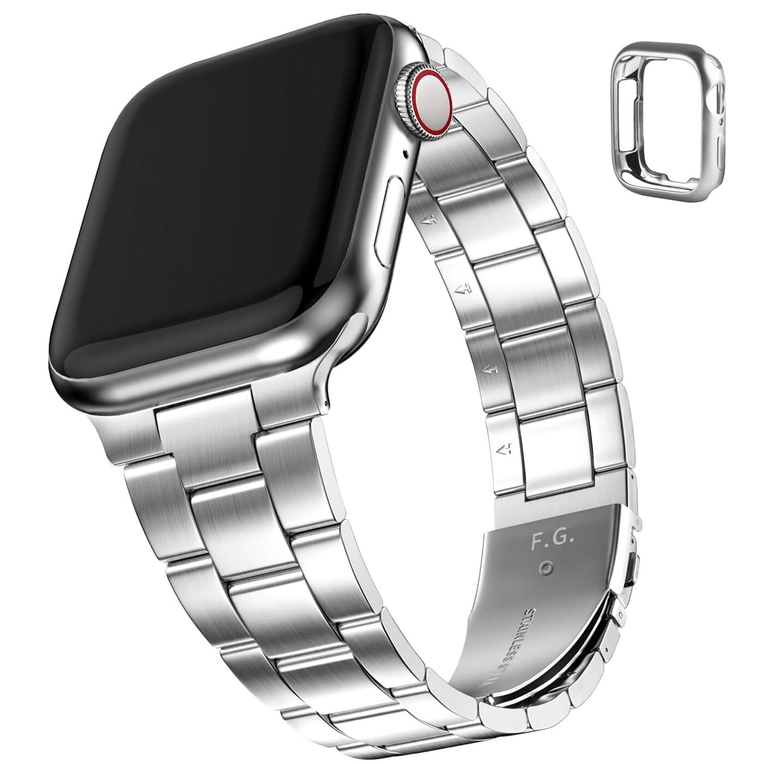 Fullmosa No Tools Needed Compatible with Apple Watch Bands for Women Men 45mm 44mm 42mm, Metal Strap with Case for iWatch Series 9 8 7 6 5 4 3 2 1 SE3/2/1, Silver