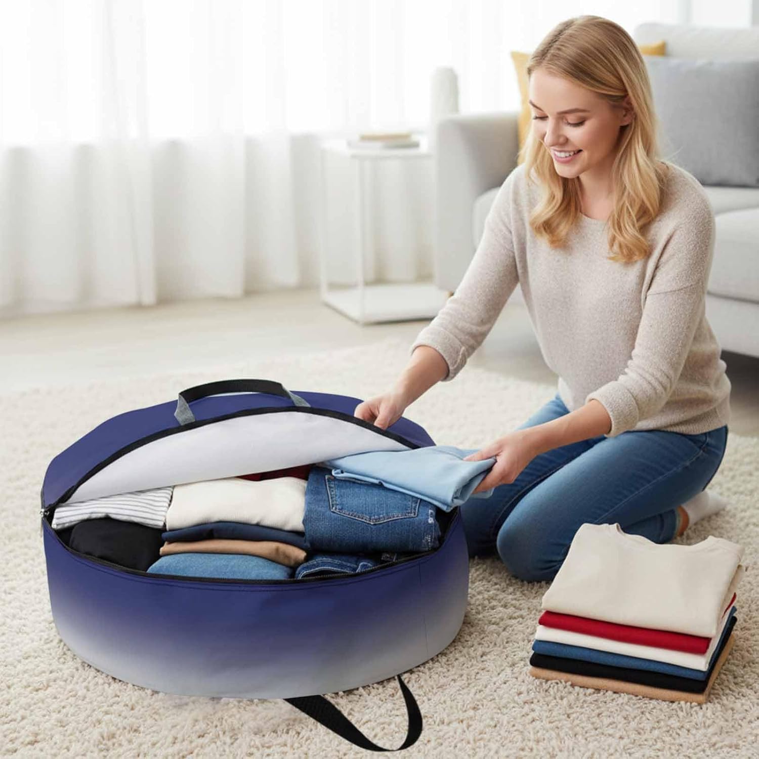 Gray Blue Round Storage Bag 36 Inch, Gradient Clothes Storage Container with Handles Heavy Duty Organizer for Comforter, Bedding & Holiday Wreaths