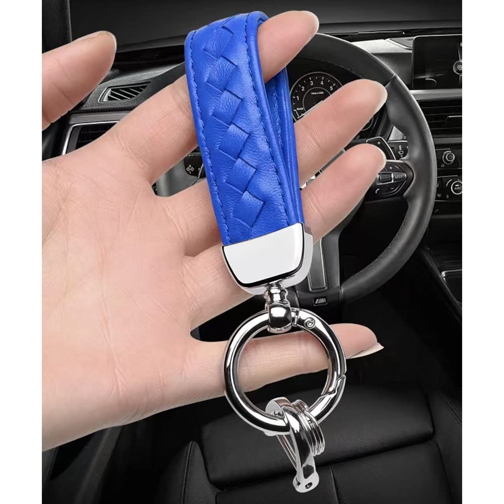 Turcee Leather Car Keychain,Weave Leather Car Key Fob,Car Accessories Key Ring & Anti-Lost D-Ring & Screwdriver,for Men and Women (Blue)