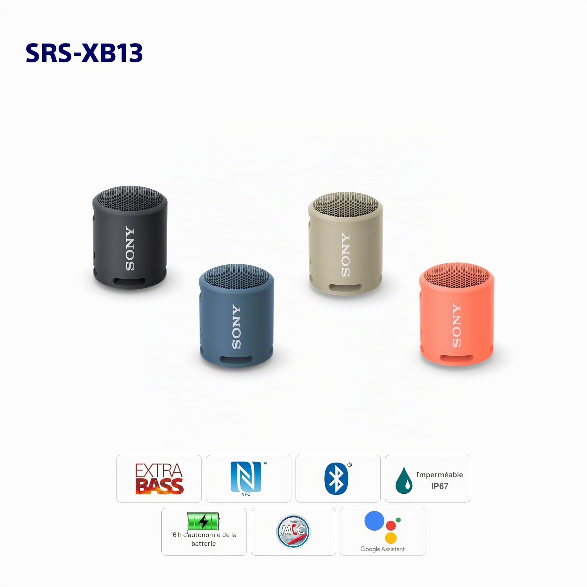 Sony SRS-XB13 Haut-Parleur Bluetooth Compact sans Fil Extra Bass avec 16 Heures d'autonomie, Type-C, étanche IP67, résistant à la poussière, Haut-Parleur avec Micro, Audio Fort pour appels