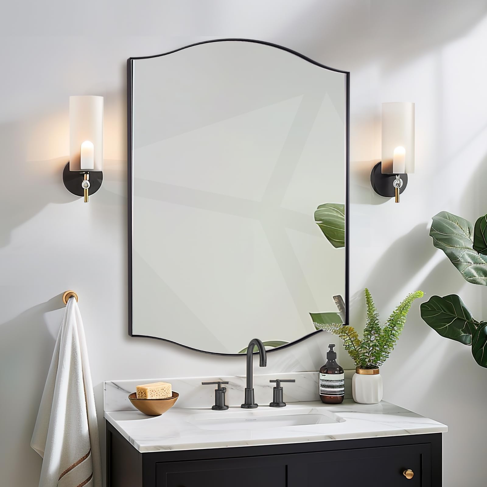 ANDY STAR 30"x40" Scalloped Wall Mirror，Matte Black Rectangle Bathroom Mirror with Curved Edge Stainless Steel Metal Frame, Large Wall-Mounted Mirror for Bathroom, Entryway (Horizontal/Vertical)