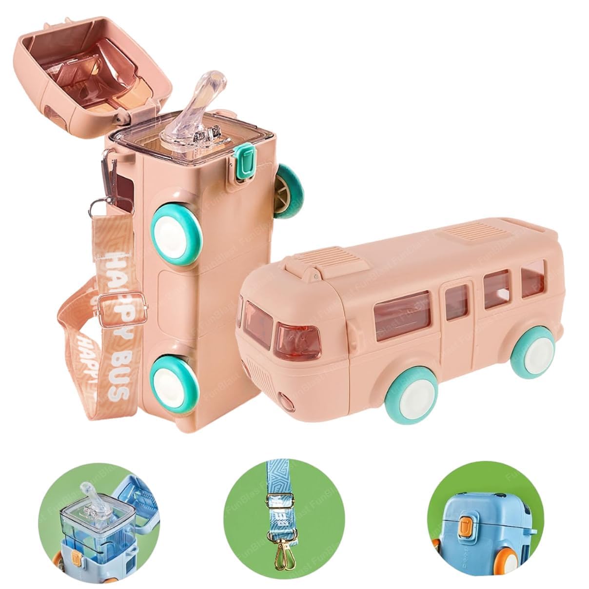Zollyss Kids Water Bottle with Straw, Cartoon Bus Design, 500ml Capacity, One-Button Press Lock (Pink)-image-19