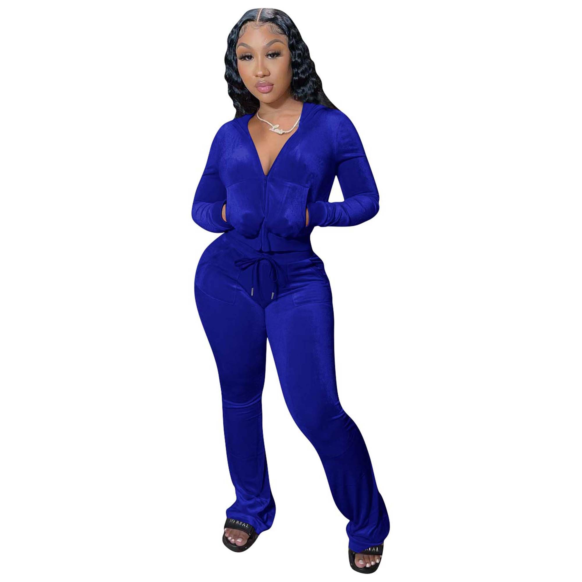 yidengymx Womens 2 Piece Velour Tracksuit Two Piece Outfits for Women Long Sleeve Zip Up Crop Tops Sweatpants Sets Pockets Hoodie/Wide Leg Pants-royal Blue XX-Large