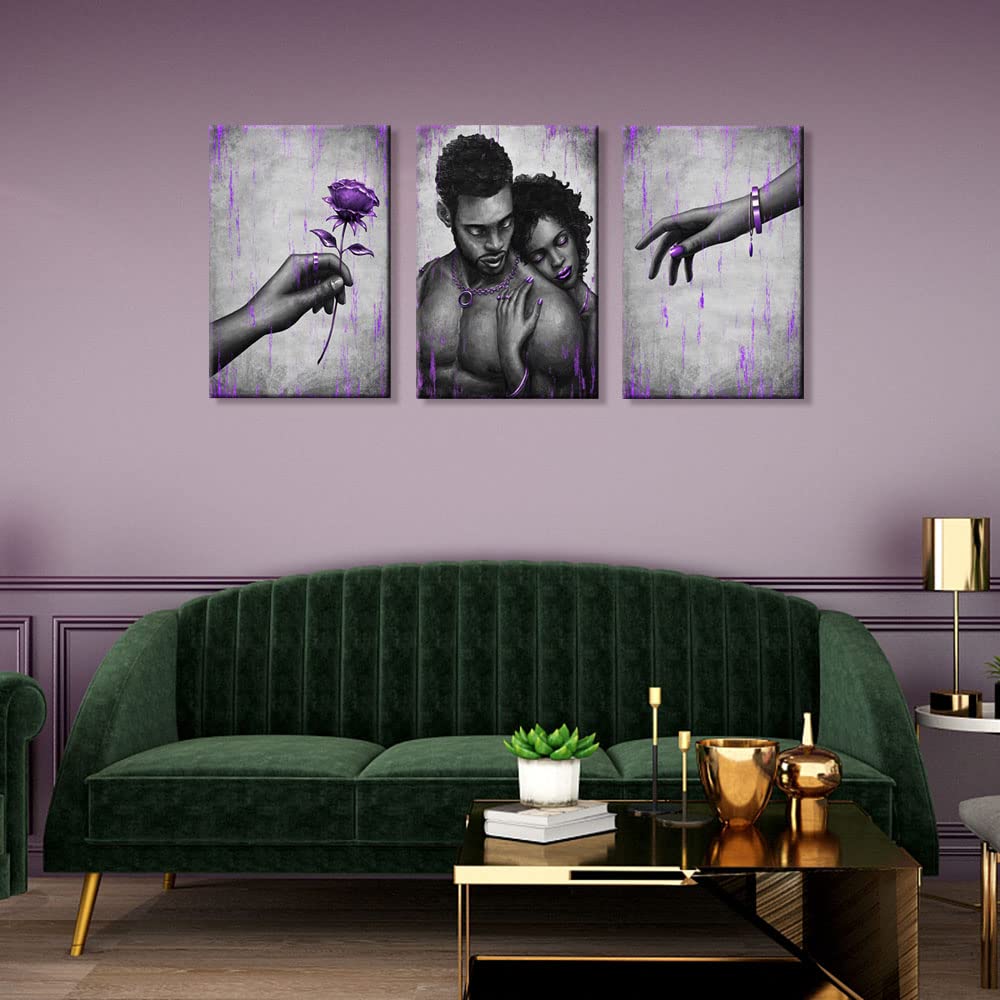 Afroamerikanische Liebespaar Leinwand-Kunst - 3-teiliger Set, 60x90 Cm, Lila-gold