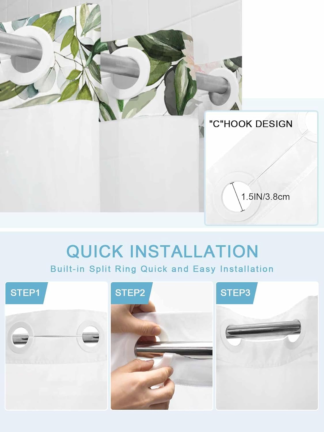 No Hook Shower Curtain With Snap in Liner Sage Green Eucalyptus Leaf Waterproof Shower Curtains with See Through Mesh Top Window Fabric Liner Set for Bathroom, Watercolor Floral Plant 36x72 Inches