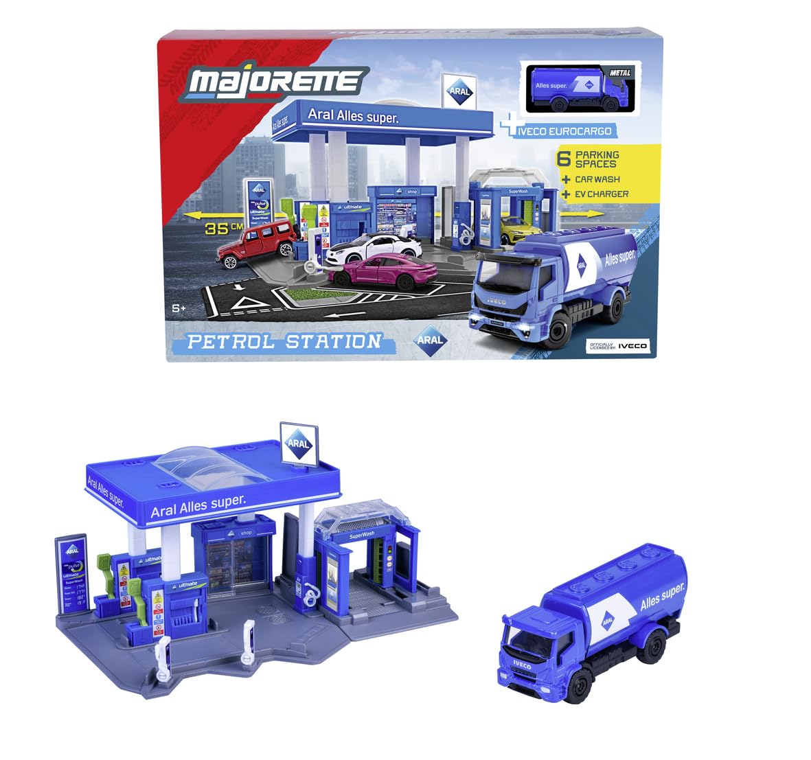 Majorette Petrol Station ARAL (with Car Toy), Service Station, with Wash Station, Shop, Distribution and Charging Pillars, Many Functions, Car Game Kit for