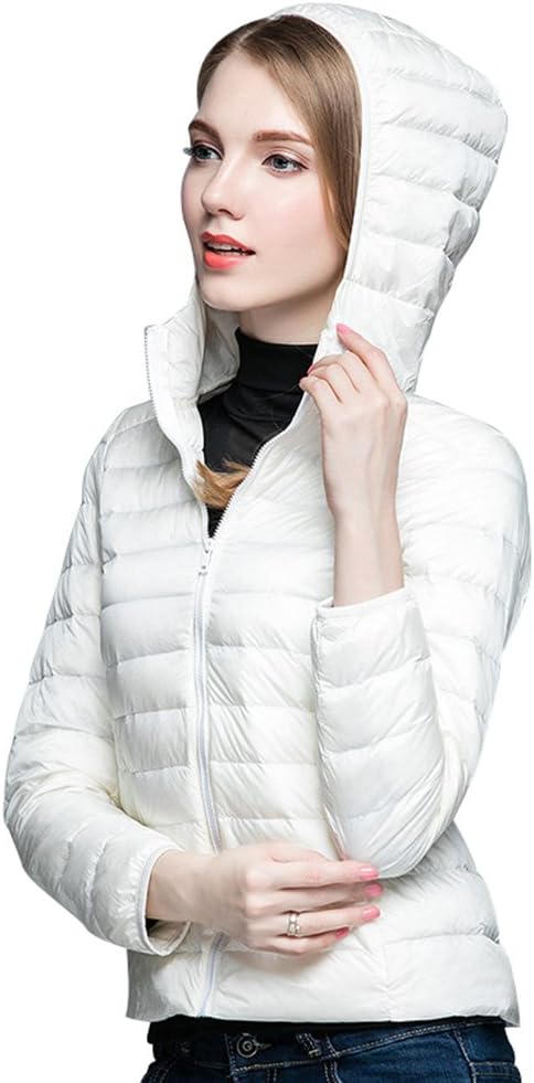 ZKOO Women's Packable Down Jacket with Hood Zipper Padded Lightweight Puffer Down Coat with Pockets Warm Autumn and Winter White