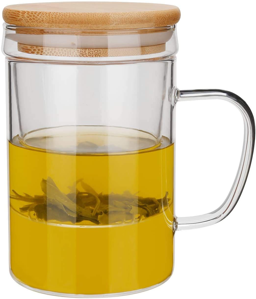 NimaTea Tea Cup with Infuser and Bamboo Lid for Loose Tea Leaves. Glass Mug Best for Brewing of Flower and Green Tea. Borosilicate Glass. 15.2oz, Used as a Teapot or Teacup, Easy to Clean - Pack of 4