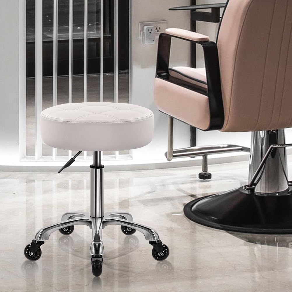 WKWKER Taburete de Oficina con Ruedas de 11 cm más Grueso, Giratorio, Ajustable, de Piel sintética, para Cocina, salón, Oficina, Masaje, Color Blanco