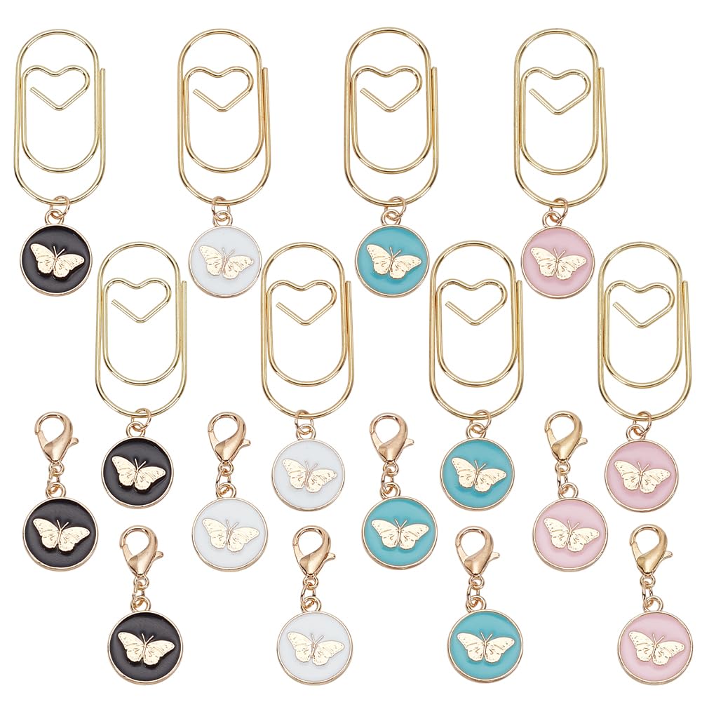 PLIGREAT 8 Pcs Alloy Paperclips with 8 Pcs Butterfly Charm Creative Decorative Paper Clips Cute Pendant Bookmarks Mixed Paper Clamps for Document Organizing Scrapbooks Office School Supplies