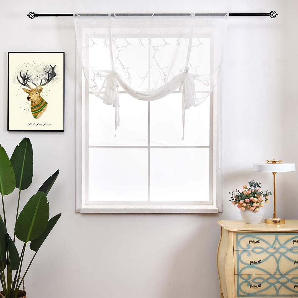 1 Piece Roman Curtain Translucent Branches Embroidered Sheer Curtains Rod Pocket Voile Panel for Bedroom Children Room Livingroom Balcony Kitchen Bathroom, White, 140x140cm