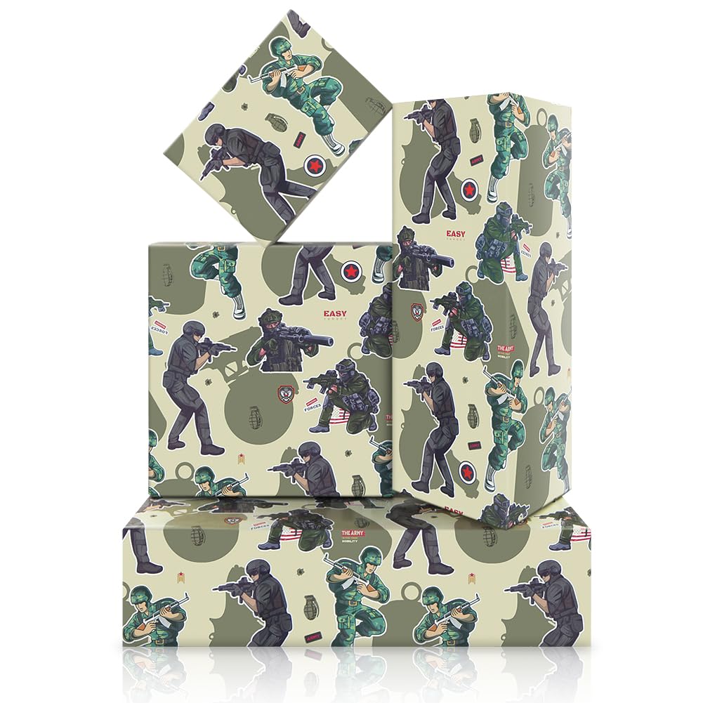 Boerni Military Camouflage Army Themed Wrapping Paper,4 Sheets Armed Soldiers Grenade Design Gift Packing Paper Folded Flat for Military enthusiasts, Veterans, Soldiers,19.7 x 27.6 Inch