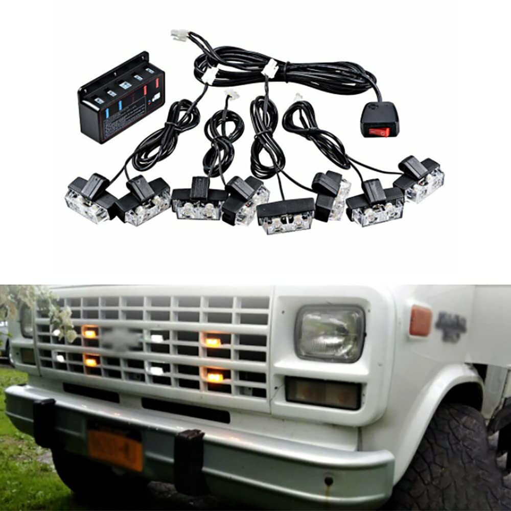 12-24V 16 LED Grille Avant Stroboscopiques pour Véhicule Voiture Moto, ABS Flash Avertissement d'Urgence Barres Lumineuse Style Clignotant Lampes Ambre&Blanc
