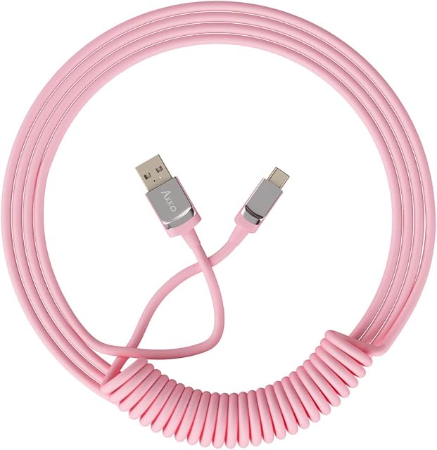 Akko Spiralny kabel USB A do typu C, 1,5 m spiralny kabel TPU z wtyczką ze stopu cynku, wysuwany kabel ładujący ze sprężyną USB C do mechanicznej klawiatury do gier DIY (różowy)