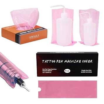 Large Machine Covers and Wash Bottle Bags- LEEYUKA 200pcs Pink Pen Covers 2.56 * 7.09in Disposable Tattoo Pen Bags with 250PCS Pink Squeeze Bottle Bags Wash Bottle Covers 610in Tattoo Bottle Covers
